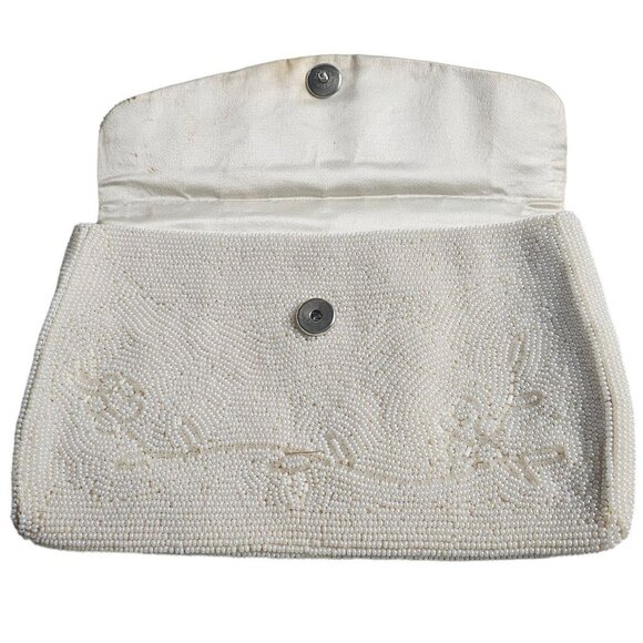 Vintage Hand-Beaded Ivory Clutch Purse Made in Japan Bridal bag - Picture 10 of 11